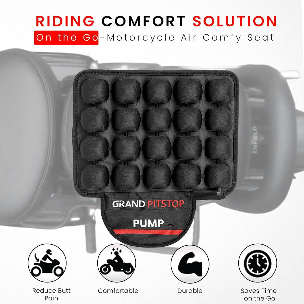 GRAND PITSTOP Motorcycle Air Seat Cushion with Air Filling Pump, Inflatable Bubble Air Pads with Breathable Mesh Cover & Non-Skid Bottom Compatible for Cruiser Motorcycle - Moto Modz