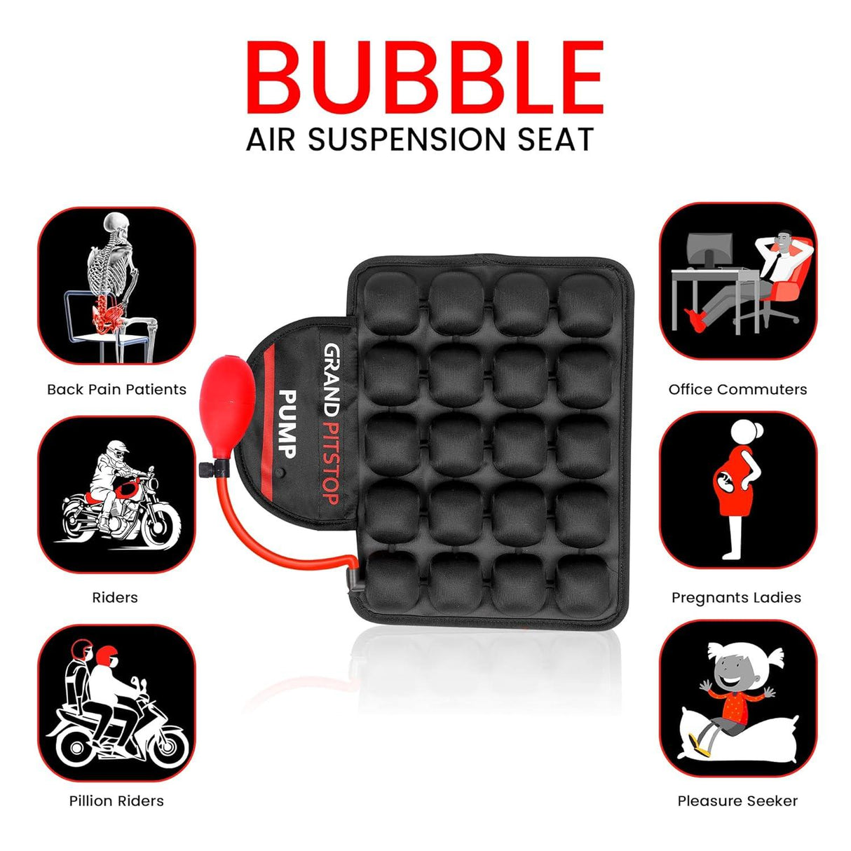 GRAND PITSTOP Motorcycle Air Seat Cushion with Air Filling Pump, Inflatable Bubble Air Pads with Breathable Mesh Cover & Non-Skid Bottom Compatible for Cruiser Motorcycle - Moto Modz