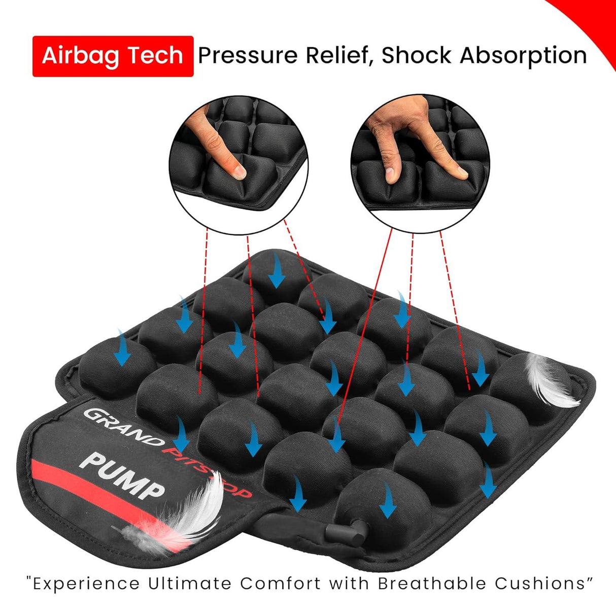 GRAND PITSTOP Motorcycle Air Seat Cushion with Air Filling Pump, Inflatable Bubble Air Pads with Breathable Mesh Cover & Non-Skid Bottom Compatible for Cruiser Motorcycle - Moto Modz