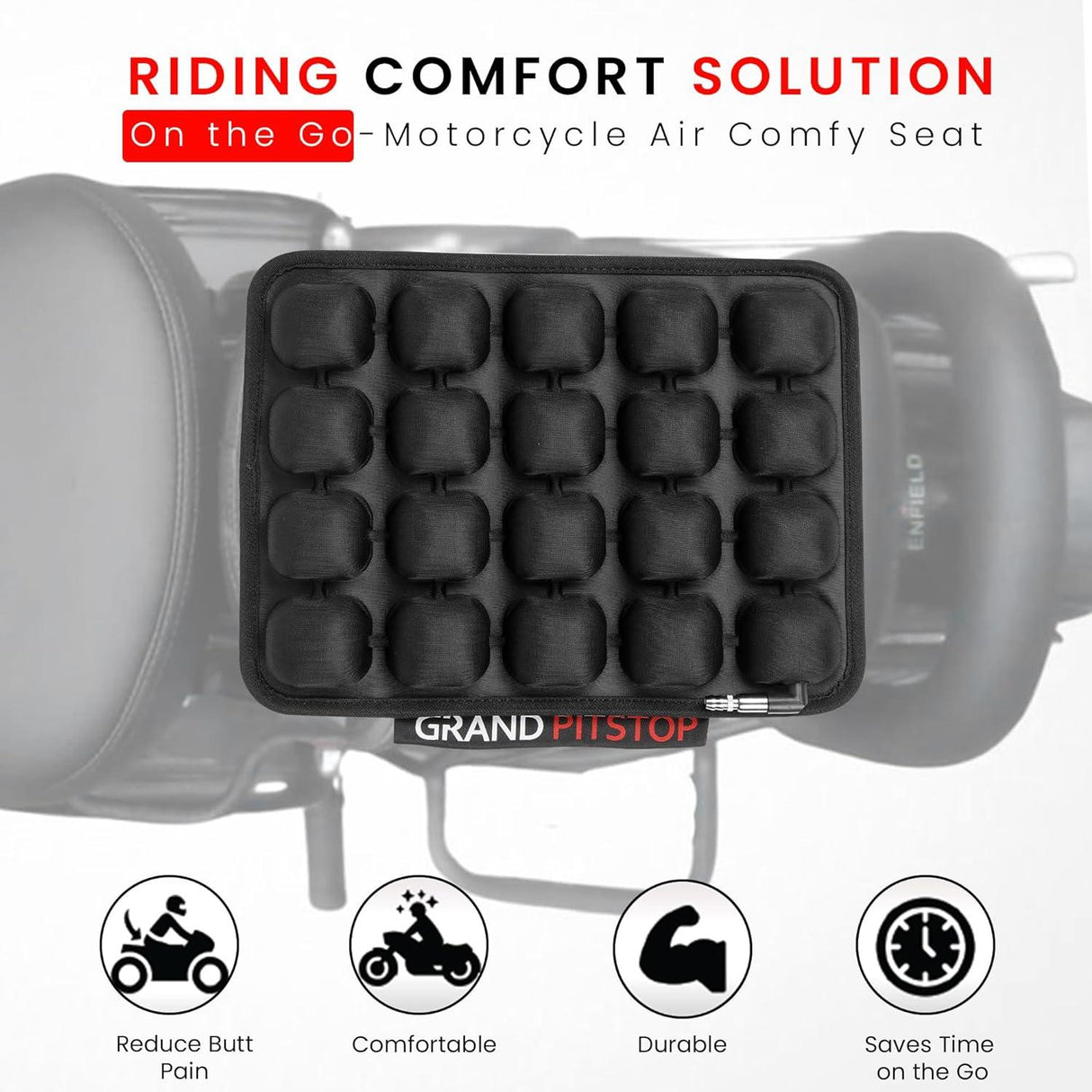 GRAND PITSTOP Motorcycle Air Seat Cushion with Air Filling Pump, Inflatable Bubble Air Pads with Breathable Mesh Cover & Non-Skid Bottom Compatible for Cruiser Motorcycle - Moto Modz