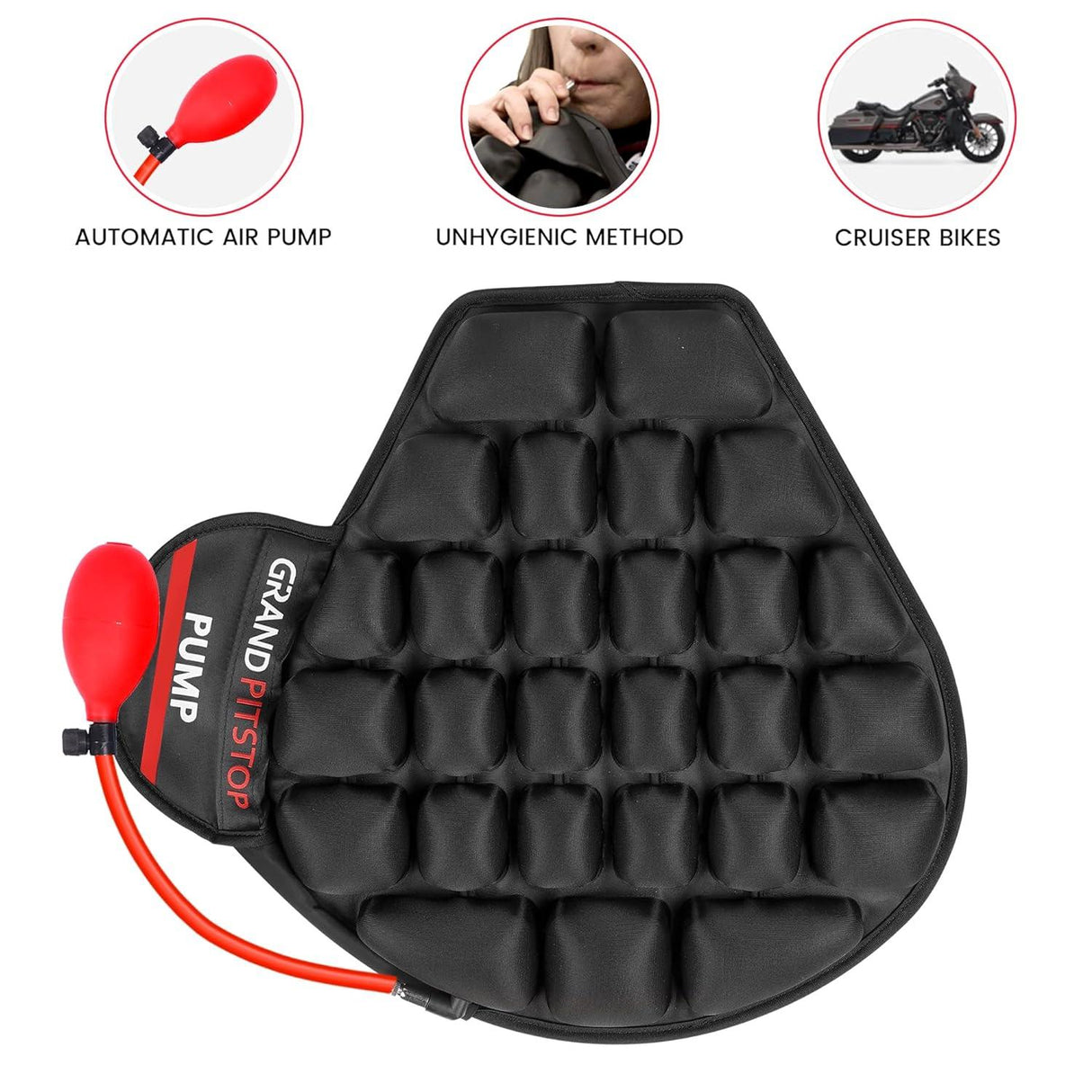 GRAND PITSTOP Motorcycle Air Seat Cushion with Air Filling Pump, Inflatable Bubble Air Pads with Breathable Mesh Cover & Non-Skid Bottom Compatible for Cruiser Motorcycle - Moto Modz