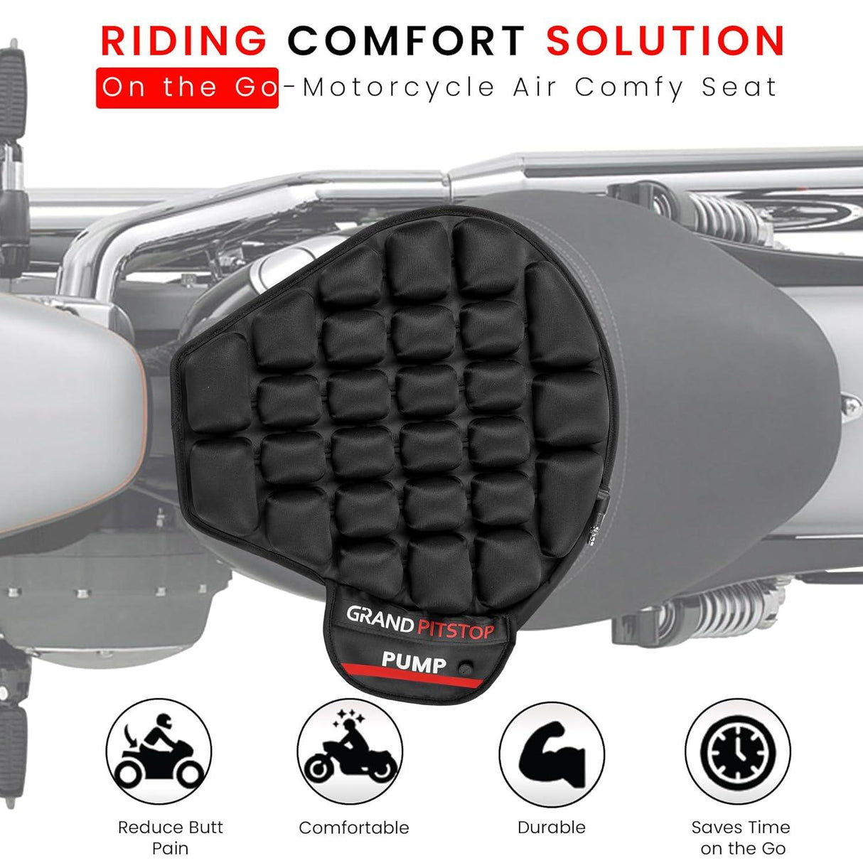 GRAND PITSTOP Motorcycle Air Seat Cushion with Air Filling Pump, Inflatable Bubble Air Pads with Breathable Mesh Cover & Non-Skid Bottom Compatible for Cruiser Motorcycle - Moto Modz