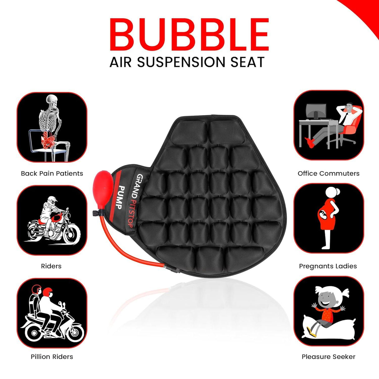 GRAND PITSTOP Motorcycle Air Seat Cushion with Air Filling Pump, Inflatable Bubble Air Pads with Breathable Mesh Cover & Non-Skid Bottom Compatible for Cruiser Motorcycle - Moto Modz