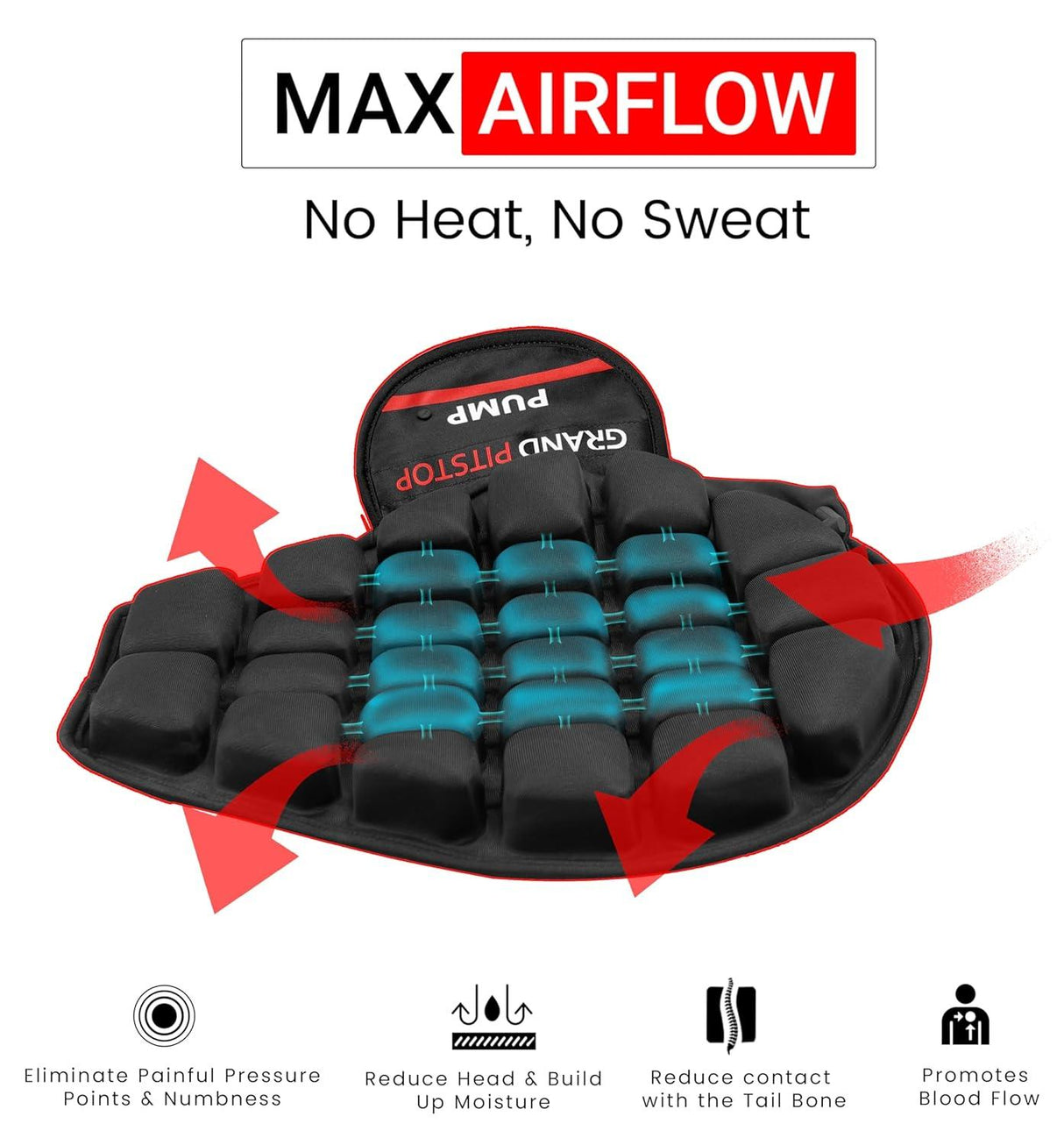GRAND PITSTOP Motorcycle Air Seat Cushion with Air Filling Pump, Inflatable Bubble Air Pads with Breathable Mesh Cover & Non-Skid Bottom Compatible for Cruiser Motorcycle - Moto Modz