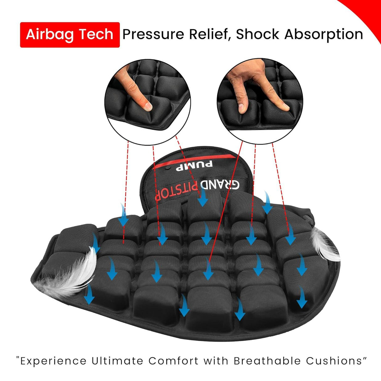 GRAND PITSTOP Motorcycle Air Seat Cushion with Air Filling Pump, Inflatable Bubble Air Pads with Breathable Mesh Cover & Non-Skid Bottom Compatible for Cruiser Motorcycle - Moto Modz