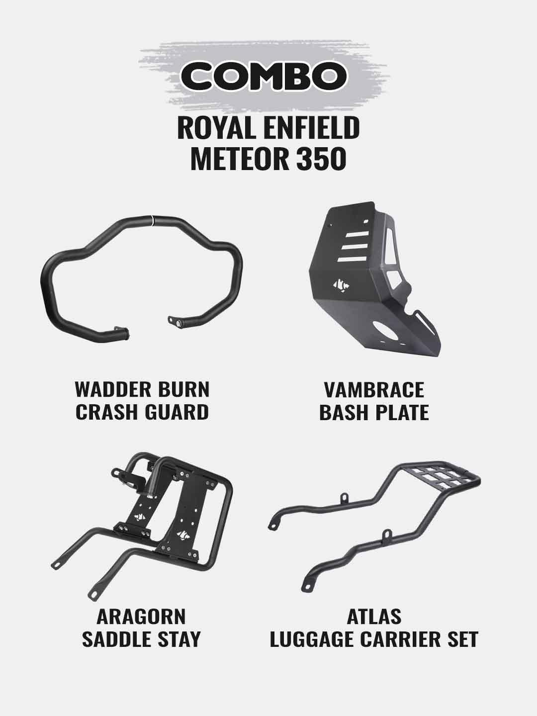 Meteor Combo-Wadder Burn Crash Guard+Vambrace Bash Plate+Atlas Luggage Carrier Set+Aragorn Saddle Stay - Moto Modz
