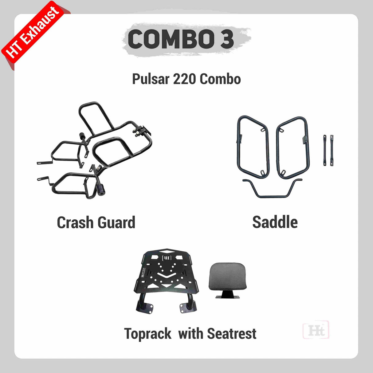 COMBO 3 PULSAR 220 Crash Guard + Saddle + Top with Seat Rest – HT EXHAUST