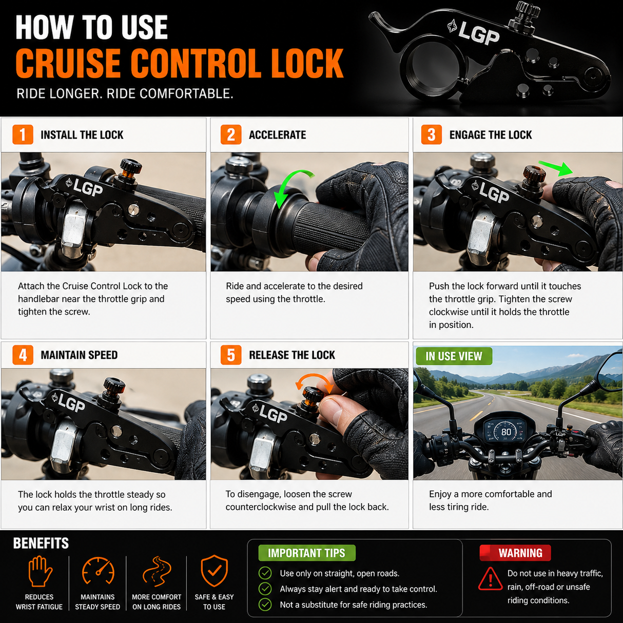 LGP Universal Motorcycle Cruise Control Lock – Throttle Assist for All Bikes