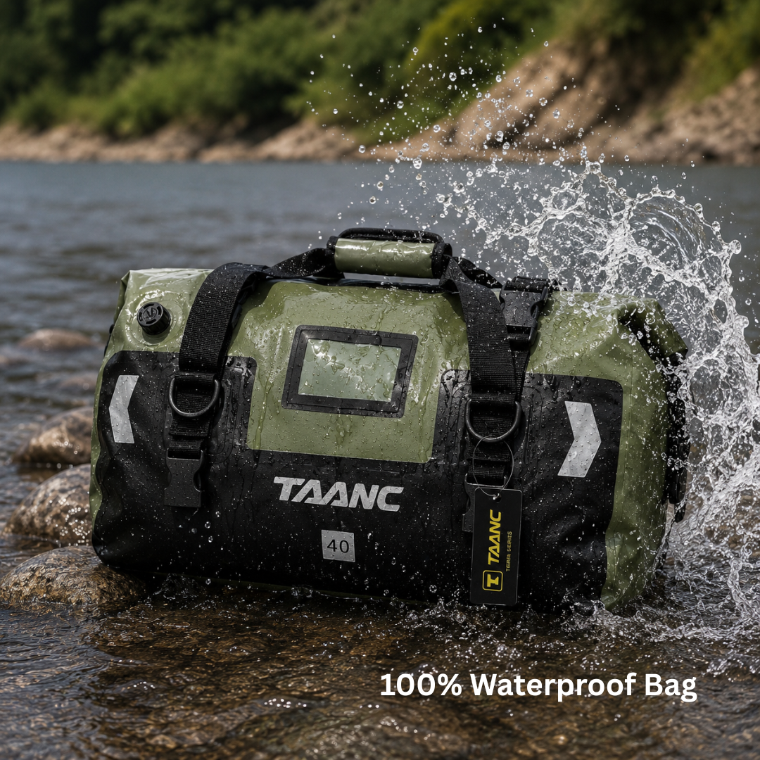 TAANC Terra Series Motorcycle Tail Bag 40L Waterproof Duffel Bag for Adventure Touring, Camping & Cycling – Green Black
