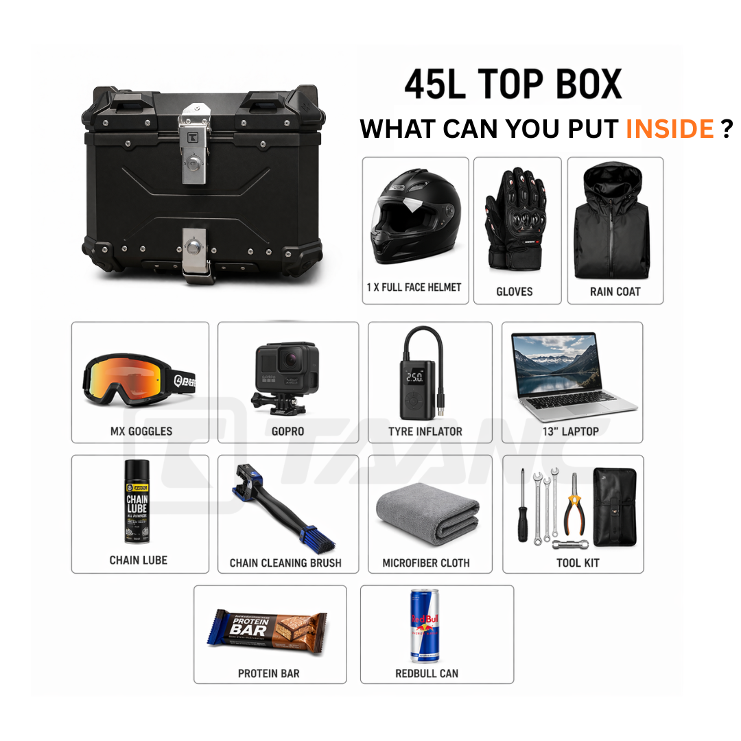 TAANC Nomad Atlas Top Box – Stealth Black | 45L Aluminium MC Motorcycle Touring Storage Box
