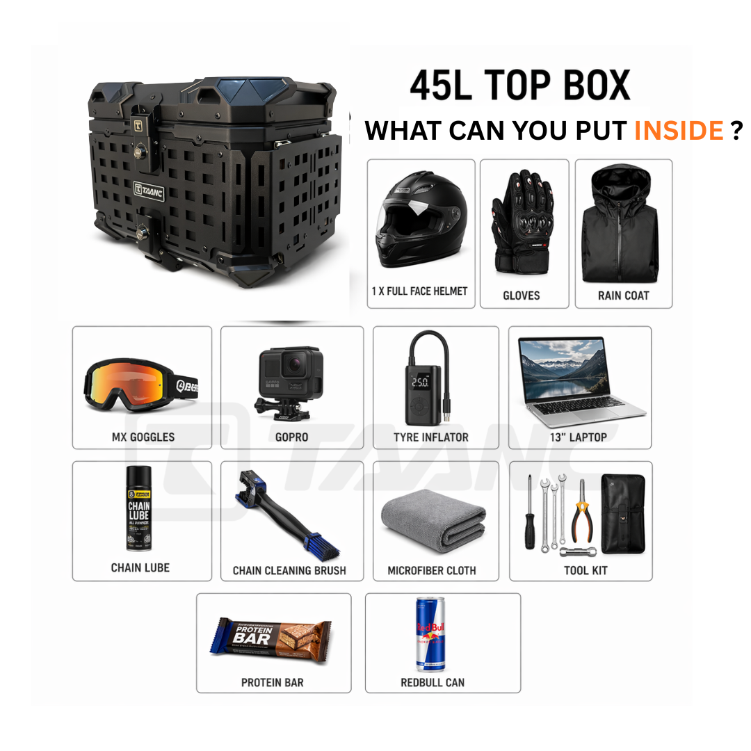 TAANC Nomad Forge Folding Top Box – Stealth Black | 45L Aluminium Adventure WP Motorcycle Storage Box