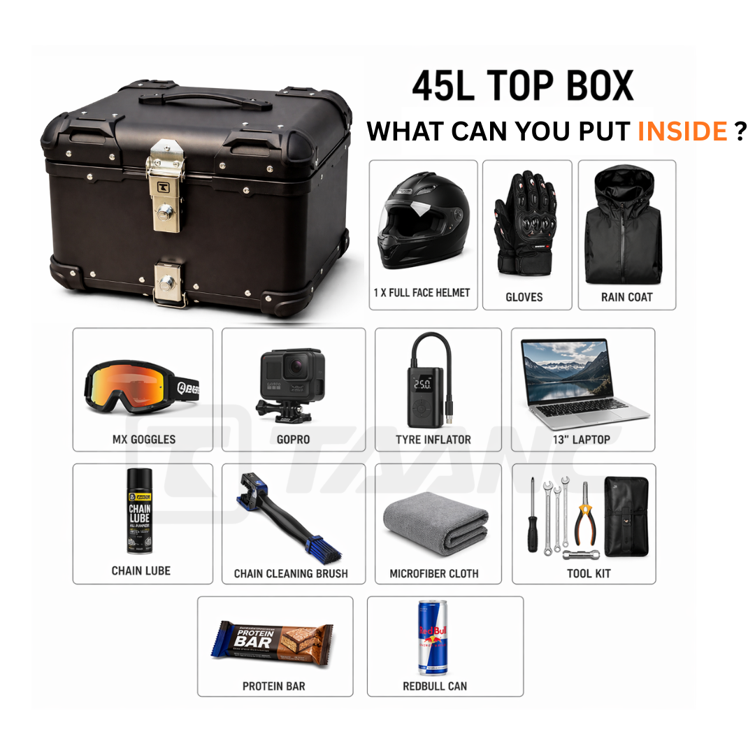TAANC Urban Arc Top Box – Stealth Black | 45L Aluminium WP Motorcycle Storage Box with Rounded Design