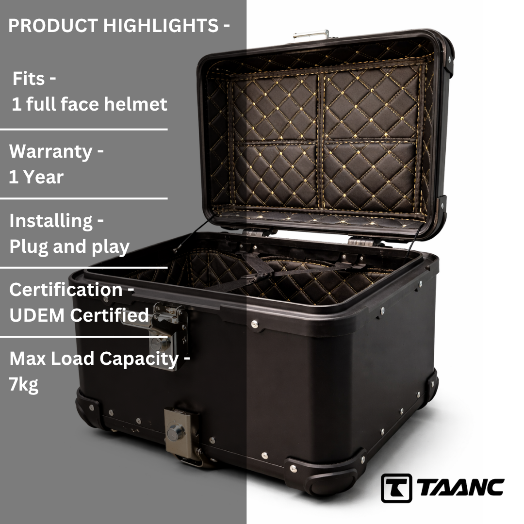 TAANC Urban Arc Top Box – Stealth Black | 45L Aluminium WP Motorcycle Storage Box with Rounded Design